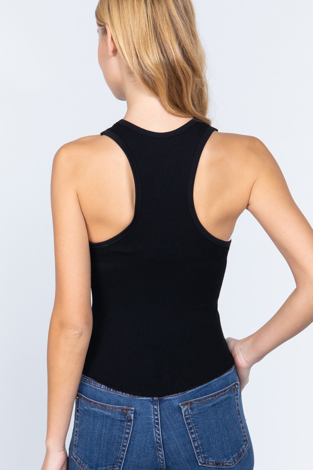 Ribbed Round Neck Racerback Seamless Black Tank