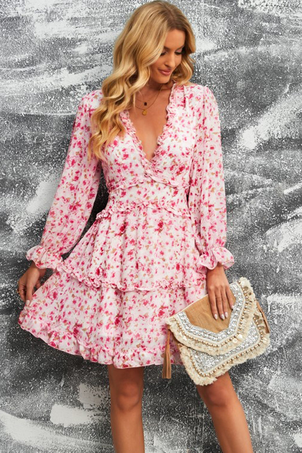 Floral Frill Trim Plunge Flounce Sleeve Dress