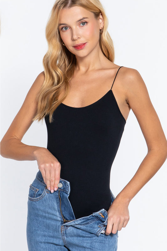 Ribbed Round Neck Seamless Cami Black Bodysuit