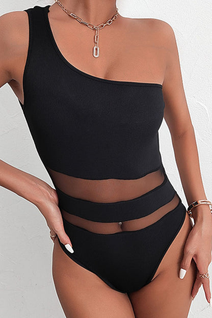 Open Back One-Shoulder Spliced Mesh Bodysuit