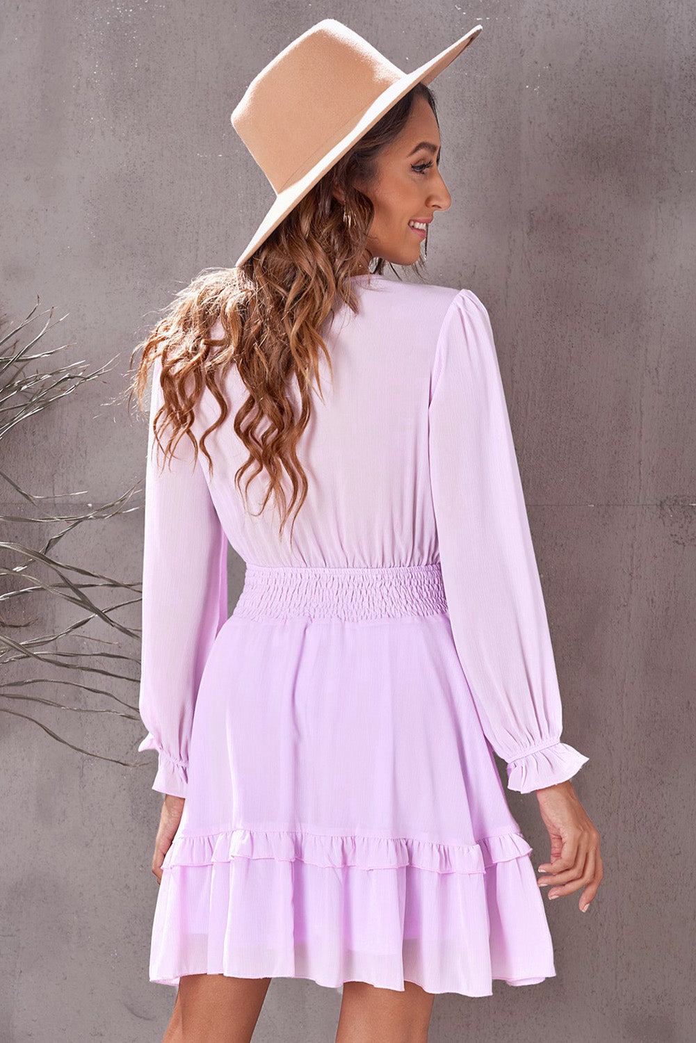 Tied Plunge Smocked Waist Flounce Sleeve Dress