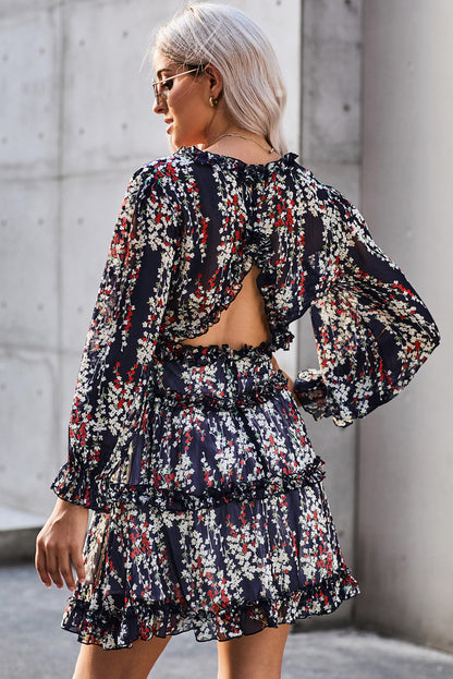 Floral Frill Trim Plunge Flounce Sleeve Dress