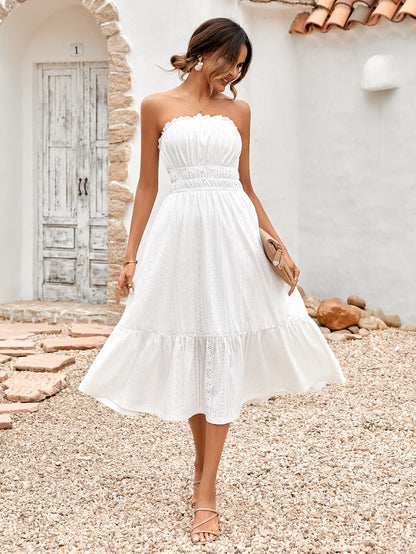 Frill Trim Strapless Midi Dress