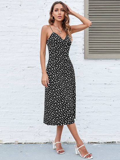 Printed Split Spaghetti Strap Plunge Dress