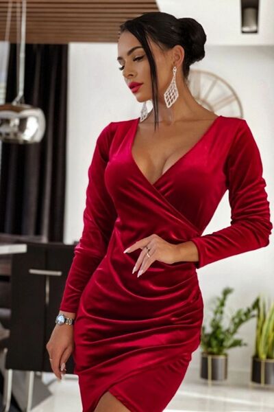 Long Sleeve V-Cut Velvet Mini Party Dress