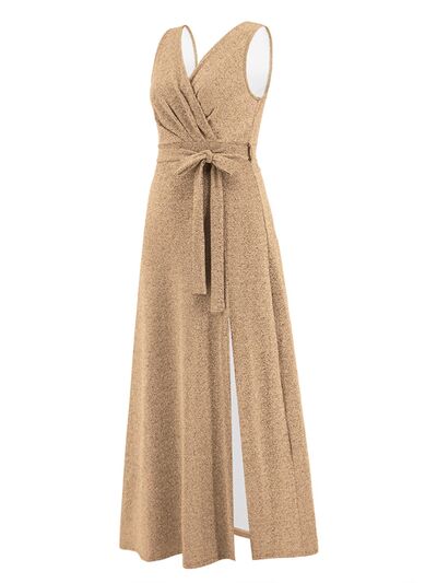 Slit Surplice Tie Waist Sleeveless Dress